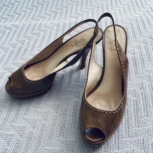 Prada brown leather peep toe slingback heels, 9.5